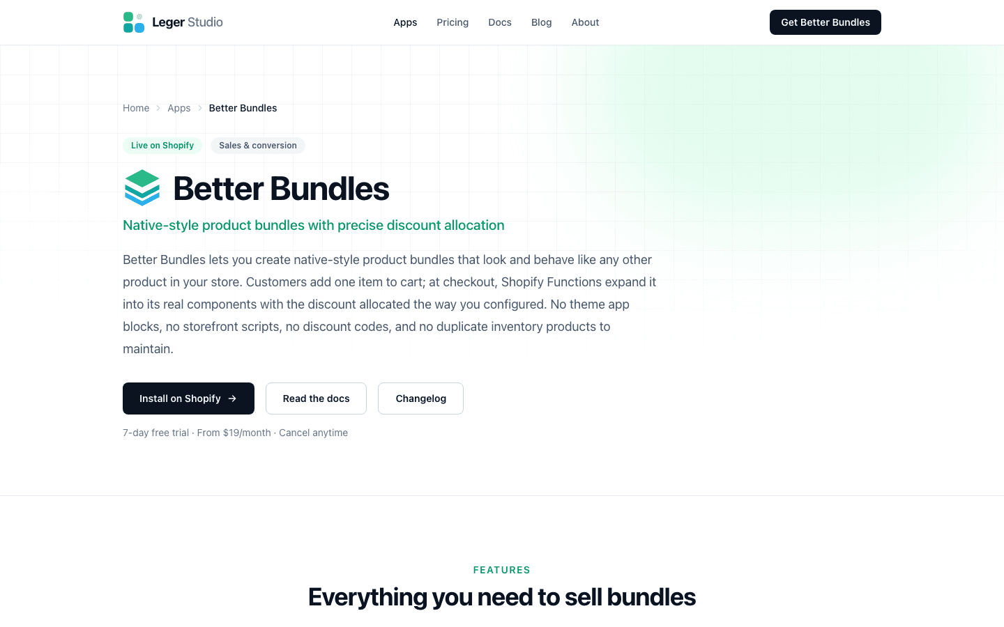 Better Bundles product page on Leger Studio